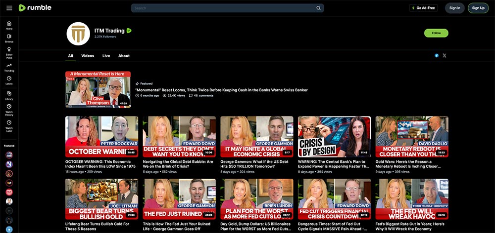 ITM Trading - Rumble Finance Investing video channel home page screenshot