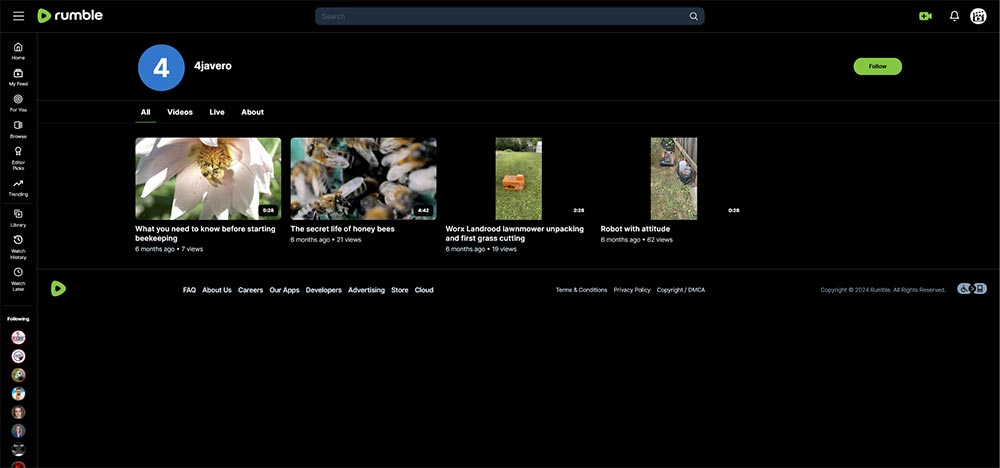 4javero - Beekeeping Rumble channel home page screenshot.