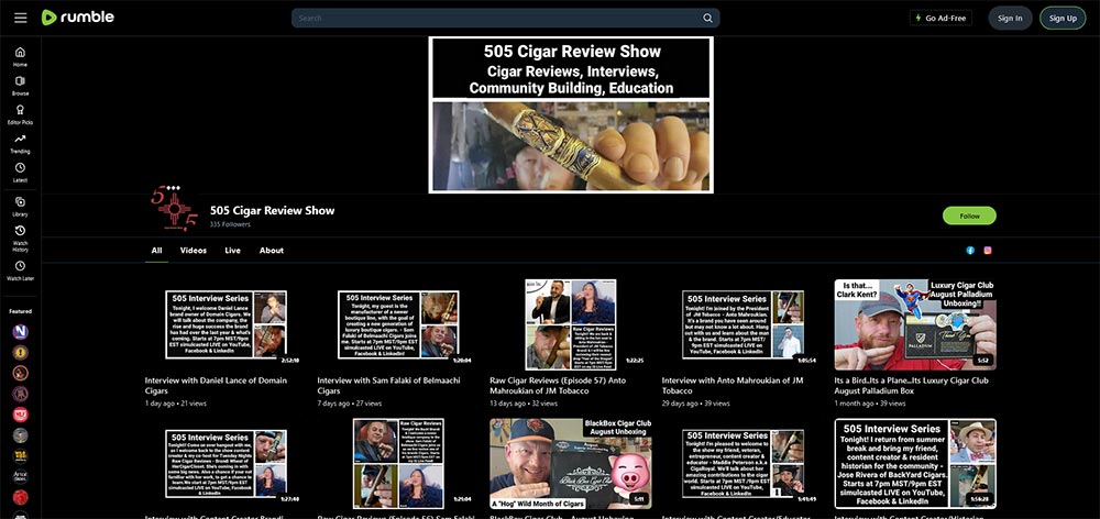 505 Cigar Review Show - Rumble Cigar video channel home page screenshot.