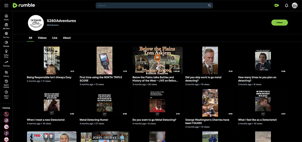 5280Adventures - Rumble channel home page screenshot.