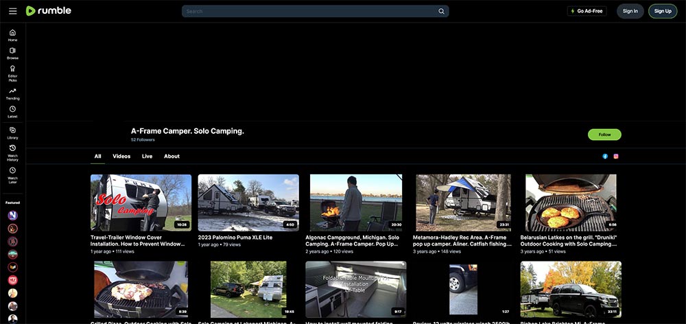 A Frame Camper - Rumble Camping video channel home page screenshot