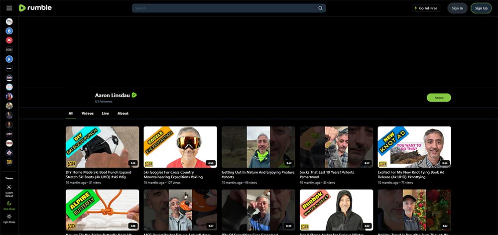Aaron Linsdau - Rumble Camping video channel home page screenshot