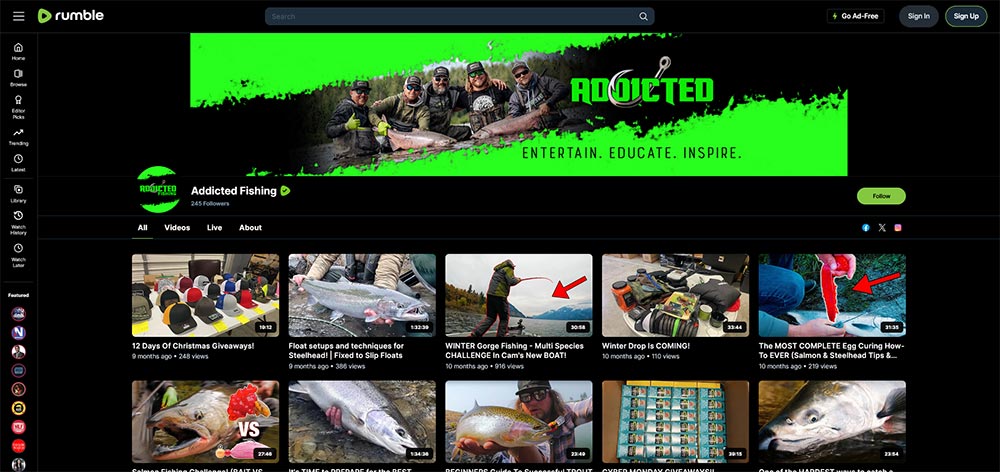 Addicted Fishing - Rumble Fishing video channel home page screenshot.