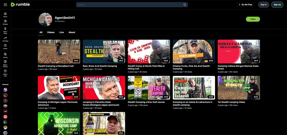 AgentSmith11 - Rumble Camping video channel home page screenshot.