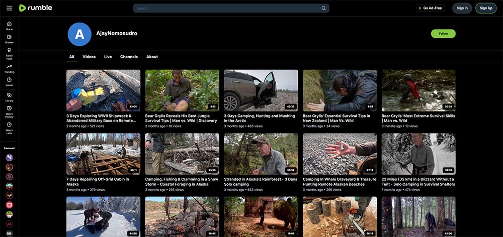 AjayNomosudro - Rumble Camping video channel home page screenshot