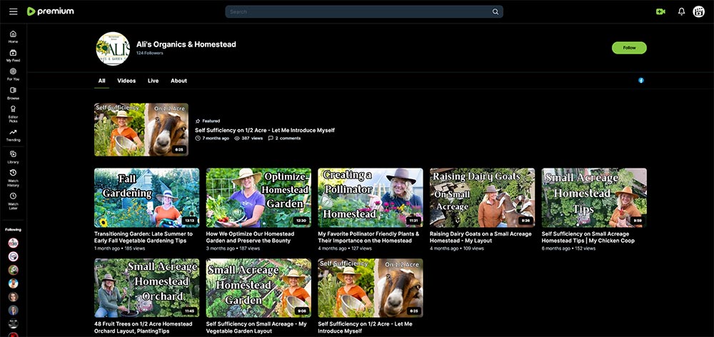 Ali's Organics & Homestead - Rumble gardening channel home page screenshot.