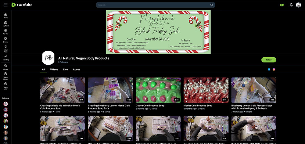 All Natural Vegan Body Products - Soap making Rumble channel home page screenshot.