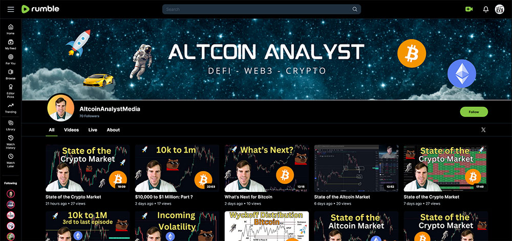 AltcoinAnalystMedia - Rumble Cryptocurrency Bitcoin video channel home page screenshot.