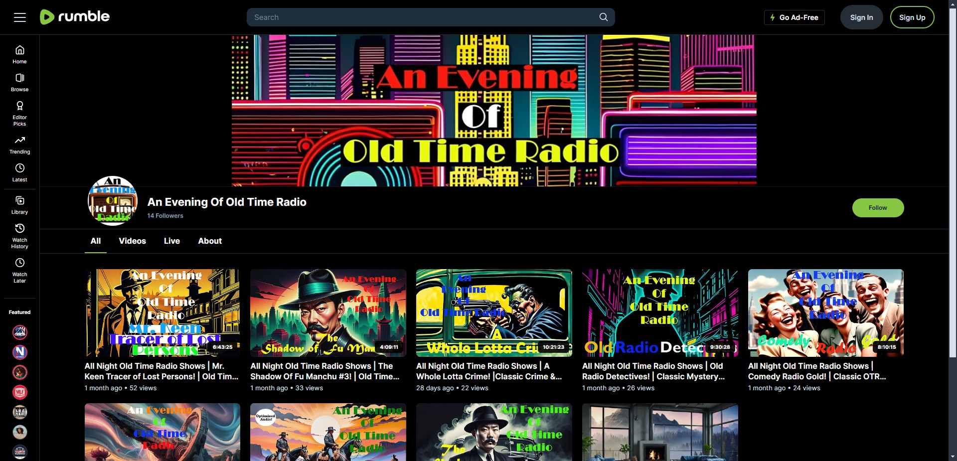 An Evening Of Old Time Radio - Rumble Old Time Radio video channel home page screenshot.