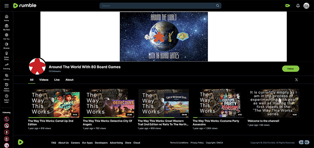 "Around The World With 80 Board Games" Rumble Board Games video channel home page screenshot.