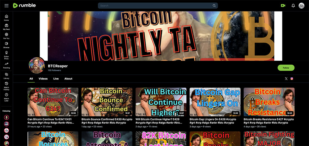 "BTCReaper" Rumble Cryptocurrency Bitcoin video home page screenshot