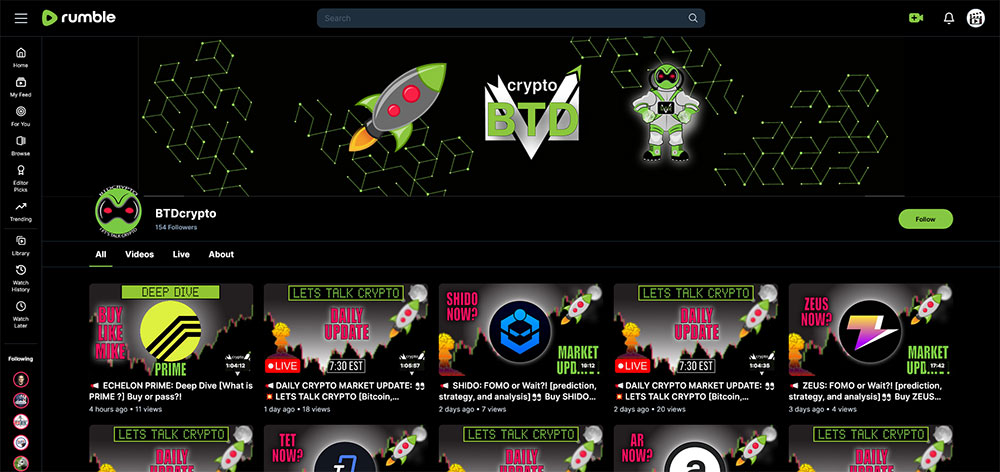 BTDcrypto - Rumble Cryptocurrency Bitcoin video home page screenshot.
