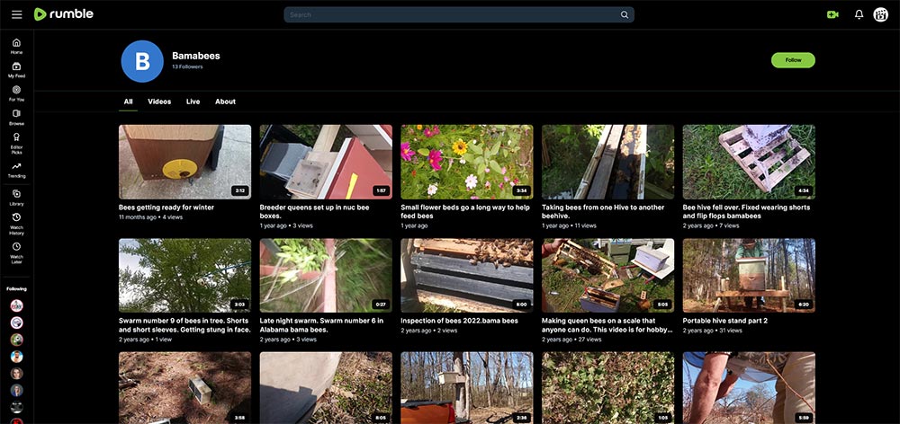 Bamabees - Beekeeping Rumble channel home page screenshot.