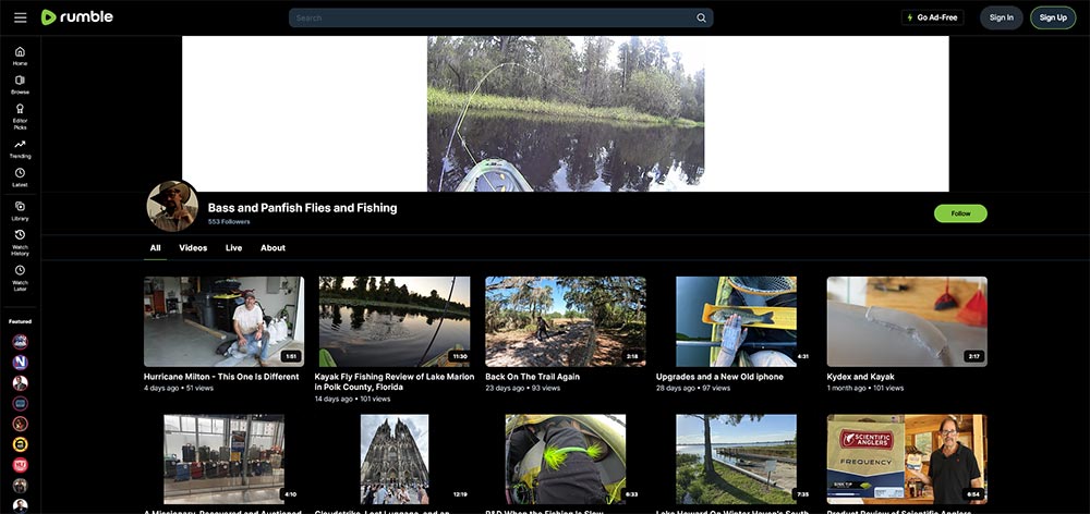 Bass and Panfish Flies and Fishing - Rumble Fishing video channel home page screenshot.