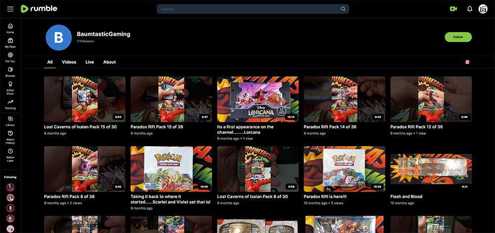 "BaumtasticGaming" Rumble Board Games video channel home page screenshot.
