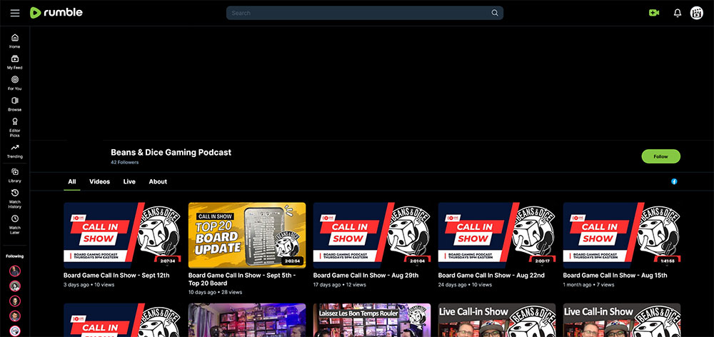 "Beans & Dice Gaming Podcast" Rumble Board Games video channel home page screenshot