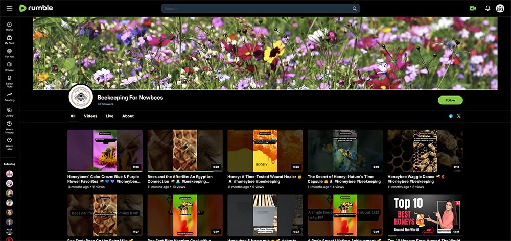 Beekeeping For Newbees - Beekeeping Rumble channel home page screenshot.
