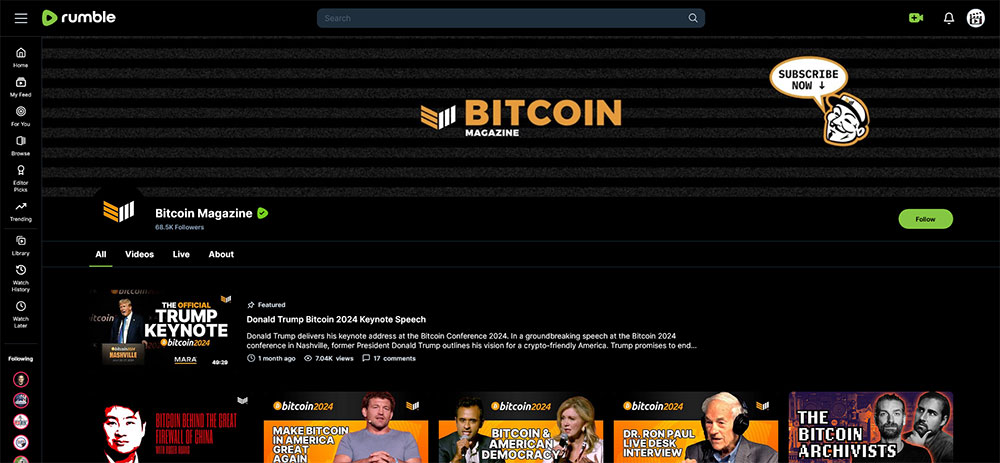 Bitcoin Magazine - Rumble Cryptocurrency Bitcoin video home page screenshot.