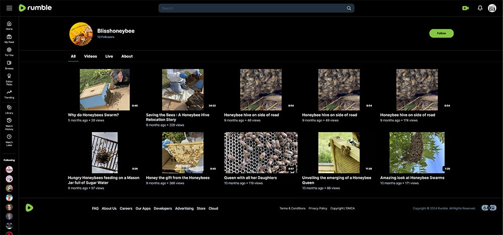 Blisshoneybee - Beekeeping Rumble channel home page screenshot.