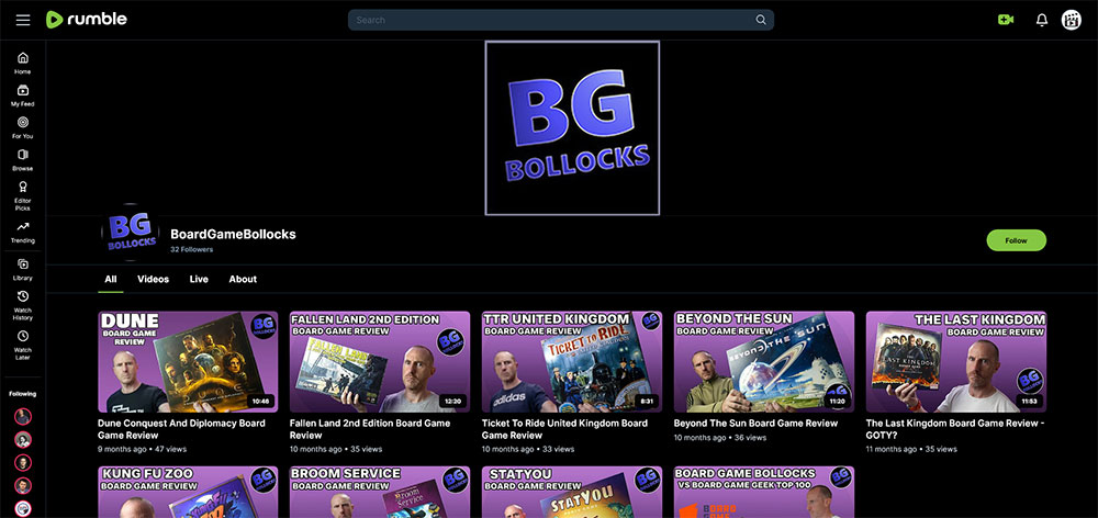 "BoardGameBollocks" Rumble Board Games video channel home page screenshot.