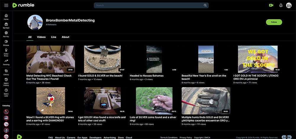 BronxBomberMetalDetecting - Rumble Metal Detecting video channel home page screenshot.