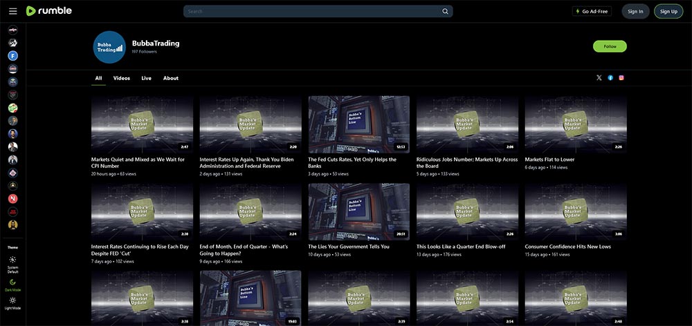 BubbaTrading - Rumble Finance Investing video channel home page screenshot