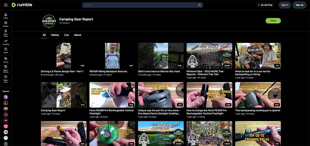 Camping Gear Report - Rumble Camping video channel home page screenshot