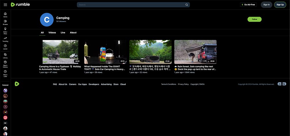 Camping - Rumble Camping video channel home page screenshot