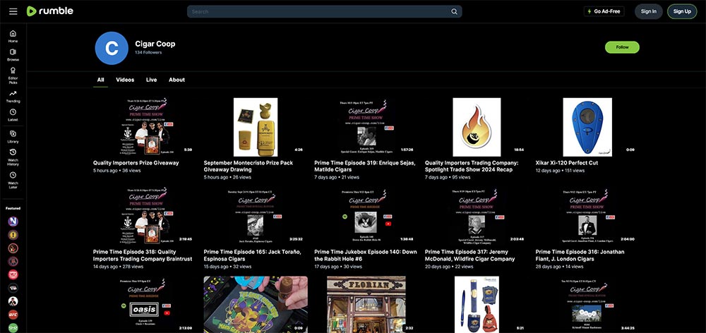 Cigar Coop - Rumble Cigar video channel home page screenshot.