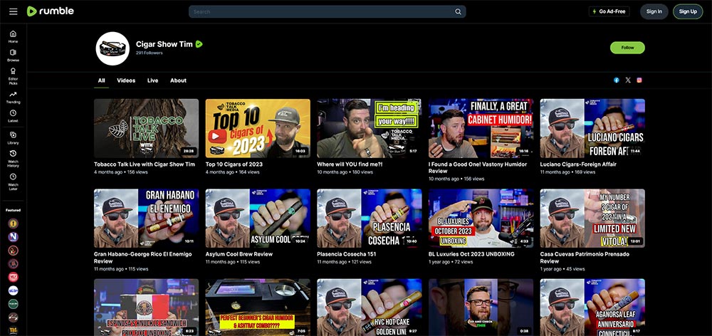 Cigar Show Tim - Rumble Cigar video channel home page screenshot.