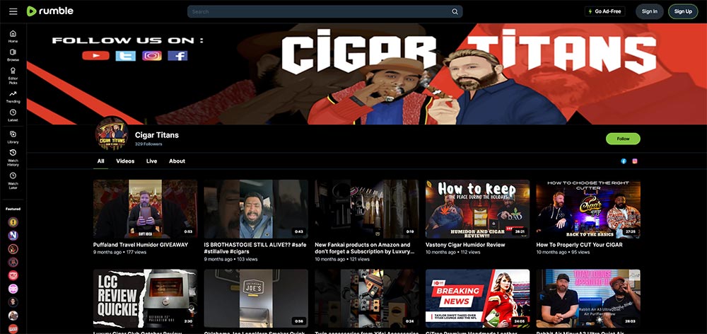 Cigar Titans - Rumble Cigar video channel home page screenshot.