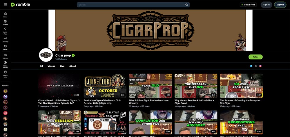 Cigar prop - Rumble Cigar video channel home page screenshot.