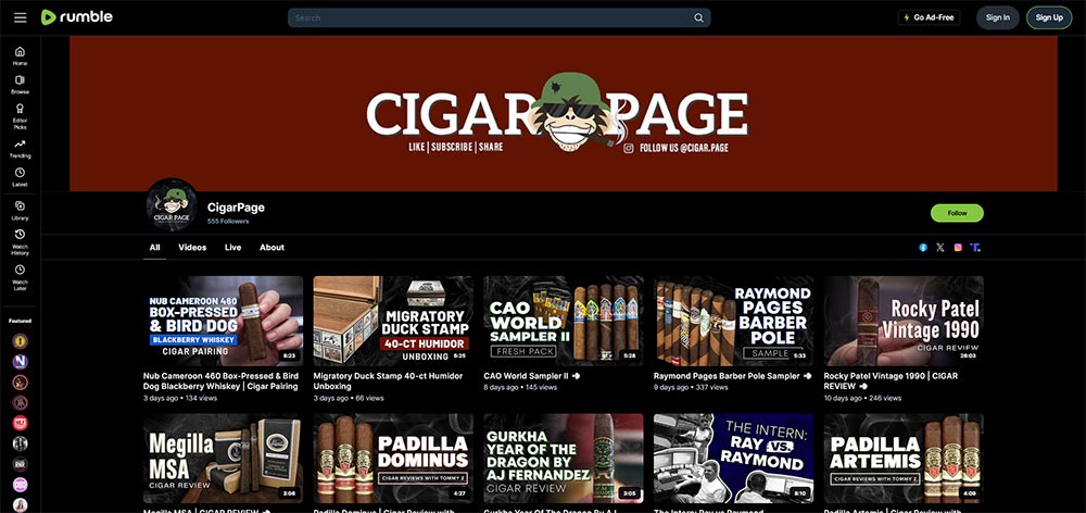 CigarPage - Rumble Cigar video channel home page screenshot.