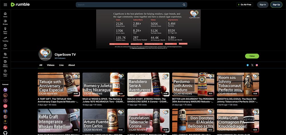 CigarScore TV – Rumble Cigar video channel home page screenshot.