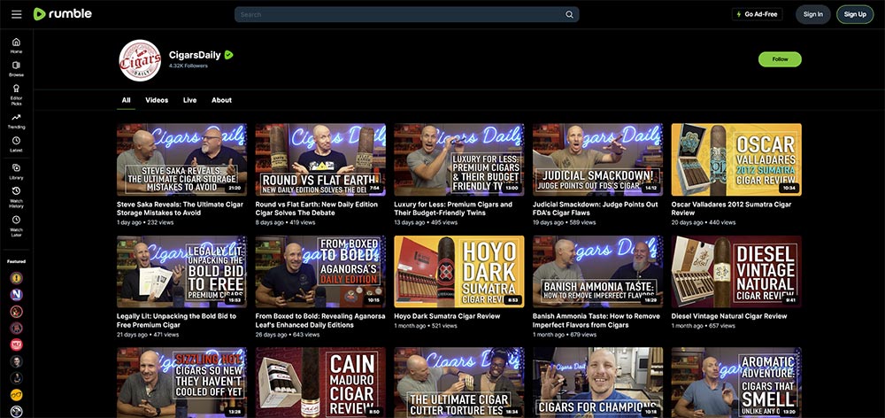 CigarsDaily - Rumble Cigar video channel home page screenshot.
