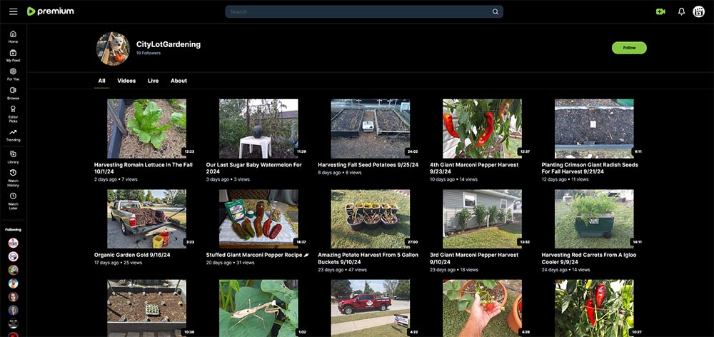 CityLotGardening - Rumble gardening channel home page screenshot.