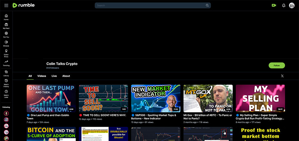 Colin Talks Crypto - Rumble Cryptocurrency Bitcoin video channel home page screenshot.
