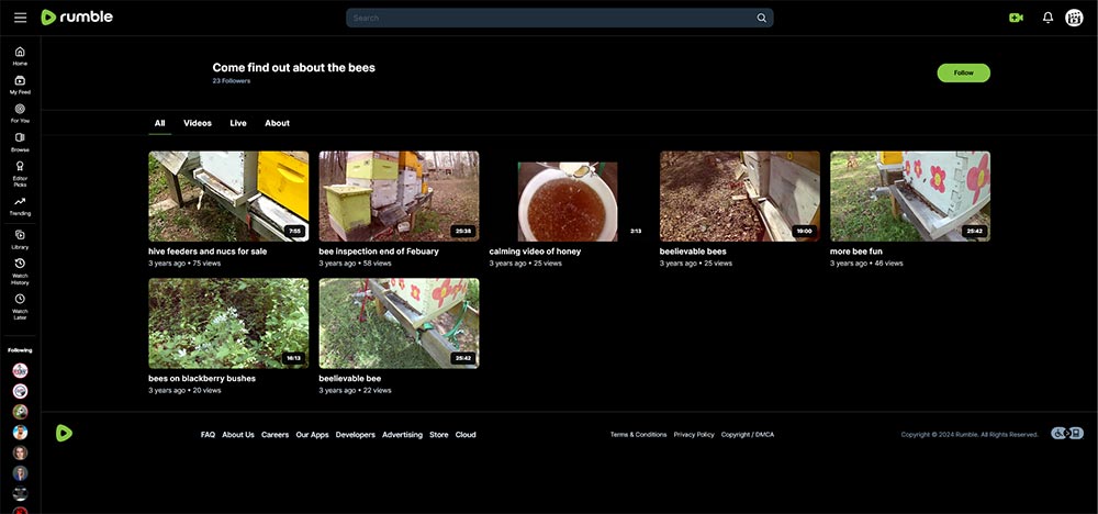 Come find out about the bees - Beekeeping Rumble channel home page screenshot.