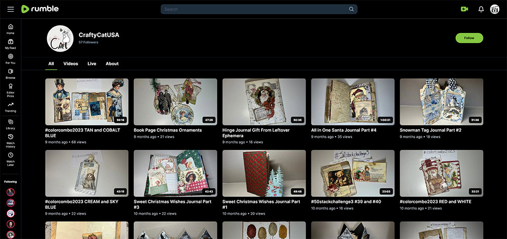 "CraftyCatUSA" Rumble Junk Journaling video channel home page screenshot.