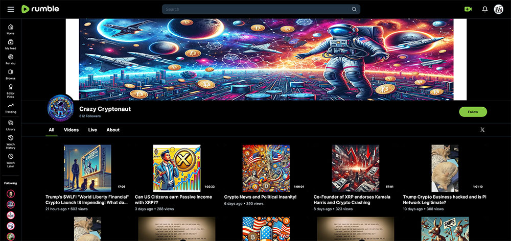 Crazy Cryptonaut - Rumble Cryptocurrency Bitcoin video channel home page screenshot.