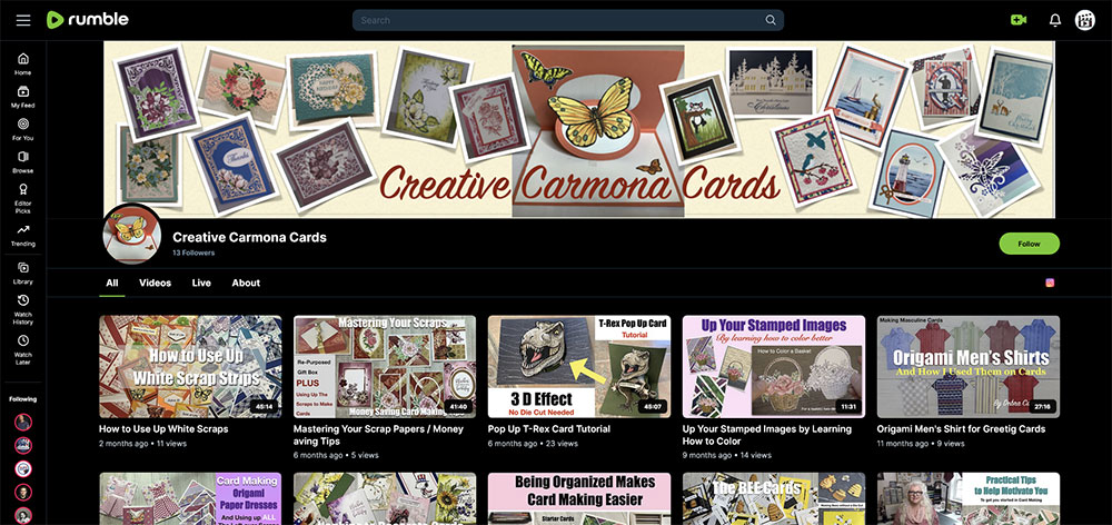 "Creative Carmona Cards" Rumble Junk Journaling video channel home page screenshot.