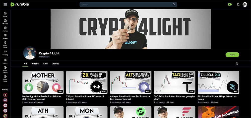 Crypto 4 Light - Rumble Cryptocurrency Bitcoin video channel home page screenshot.