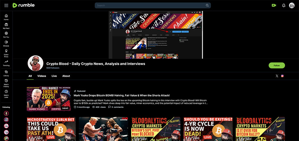 Crypto Blood - Rumble Cryptocurrency Bitcoin video channel home page screenshot.