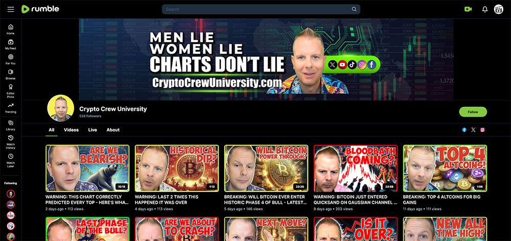 Crypto Crew University - Rumble Cryptocurrency Bitcoin video channel home page screenshot.