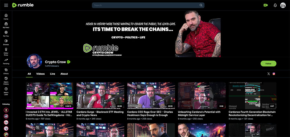 Crypto Crow - Rumble Cryptocurrency Bitcoin video channel home page screenshot.