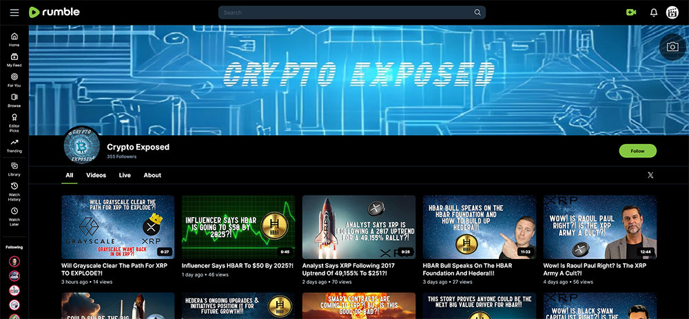 Crypto Exposed - Rumble Cryptocurrency Bitcoin video channel home page screenshot.