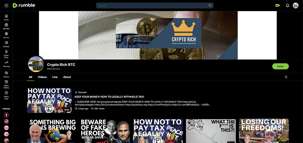 Crypto Rich BTC - Rumble Cryptocurrency Bitcoin video channel home page screenshot.