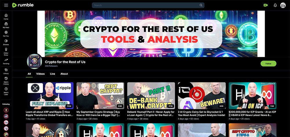 Crypto for the Rest of Us - Rumble Cryptocurrency Bitcoin video channel home page screenshot.