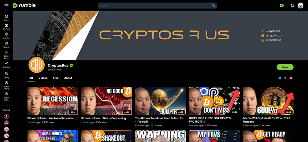 CryptosRus - Rumble Cryptocurrency Bitcoin video channel home page screenshot.