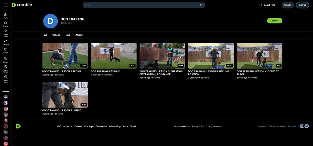 DOG TRAINING - Rumble Dog Training video channel home page screenshot.